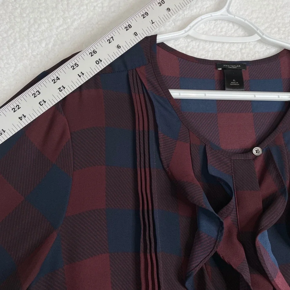 Ann Taylor Factory Burgundy Navy Buffalo Plaid Ruffle Pintuck Blouse XL Womens